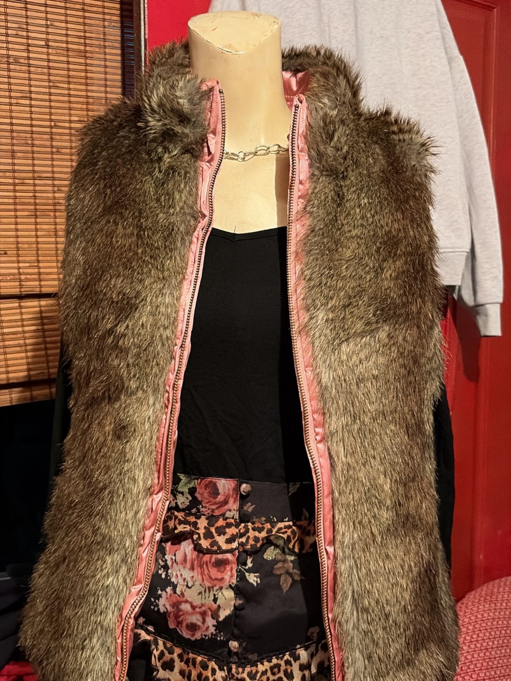 GAP Brown Faux Fur Vest with Pink Trim